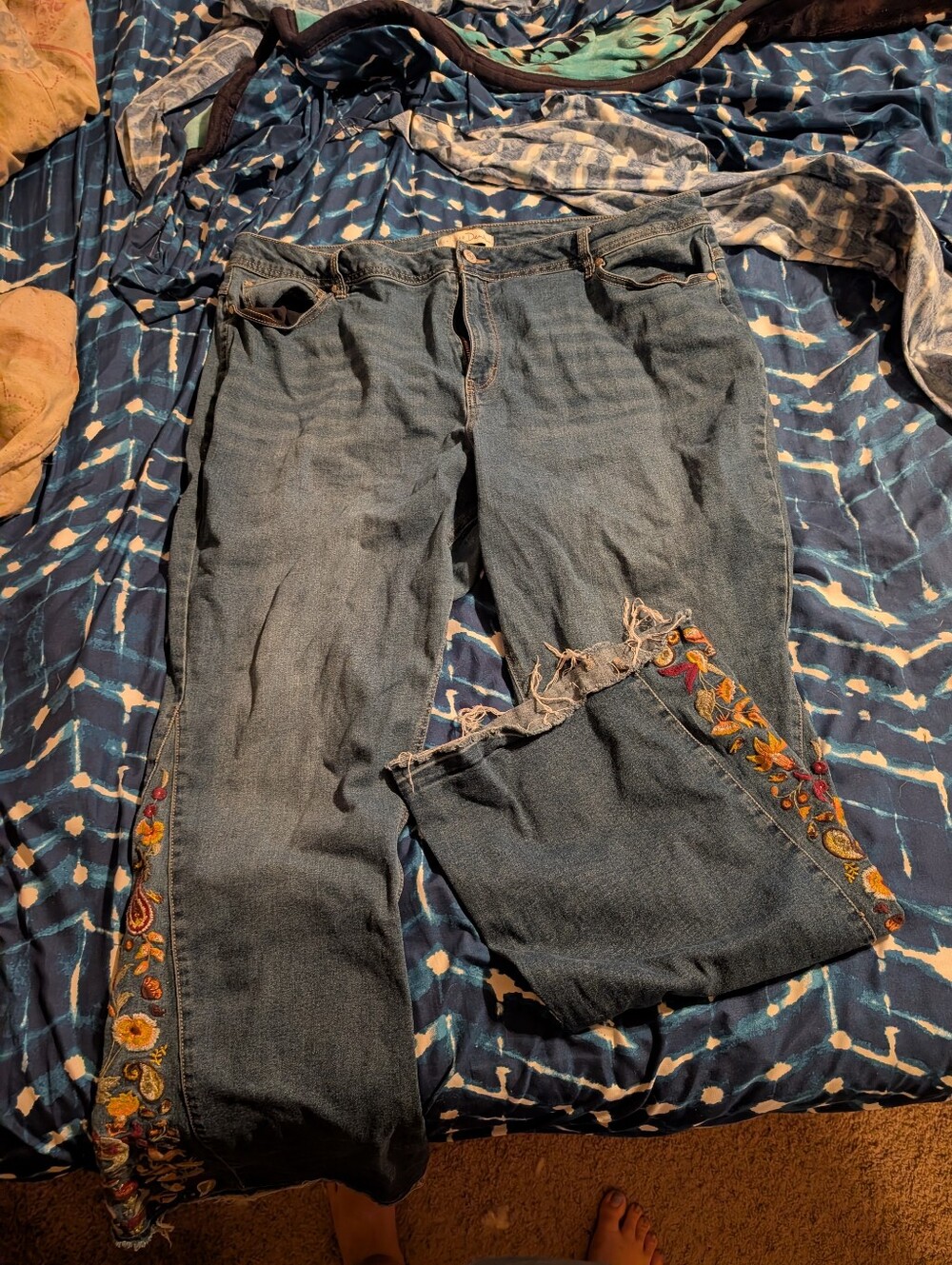 Embroidered Flare Denim Jeans - Floral Trim